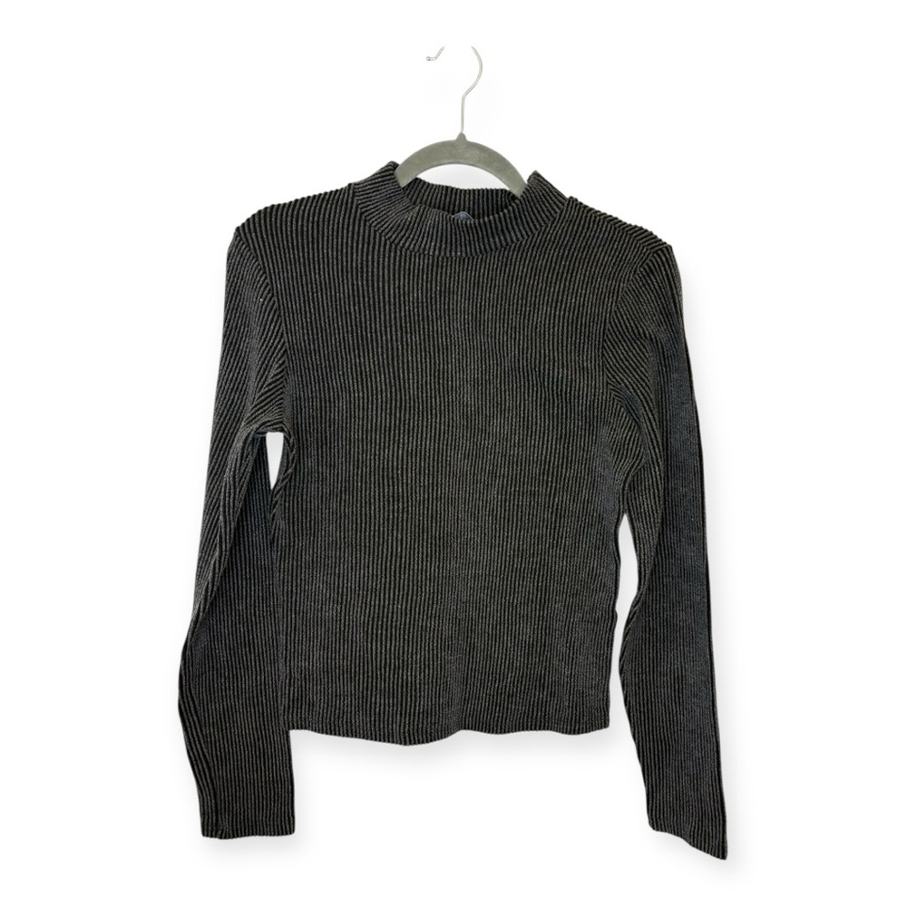 Y2K Charcoal Gray Ribbed Mock Neck Fitted Knit Top Layering Minimalist Large